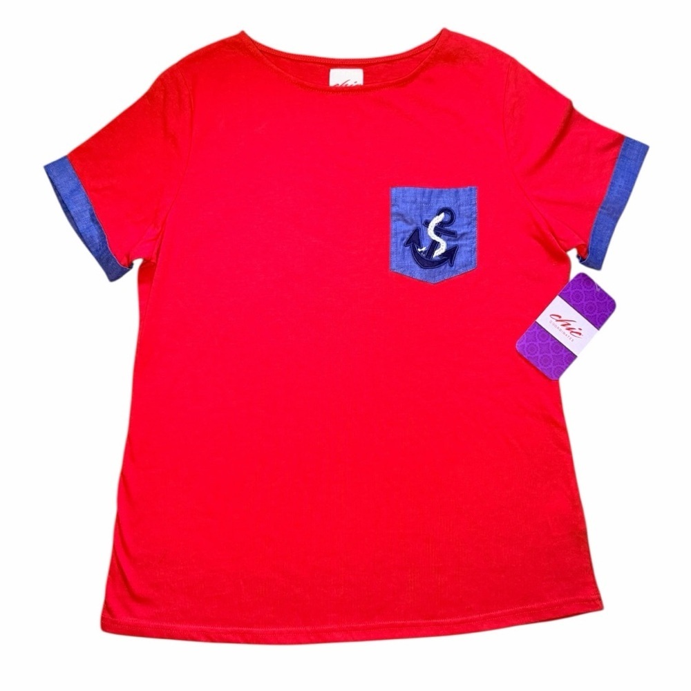 Chic Comfort Collection Red Nautical Boat Neck Top - Anchor Pocket Detail-Large